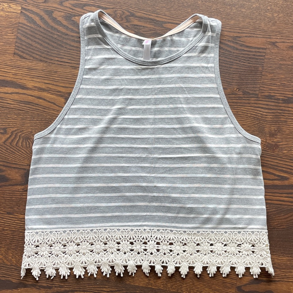 Boho Gray Striped Lace Hem Tank Top